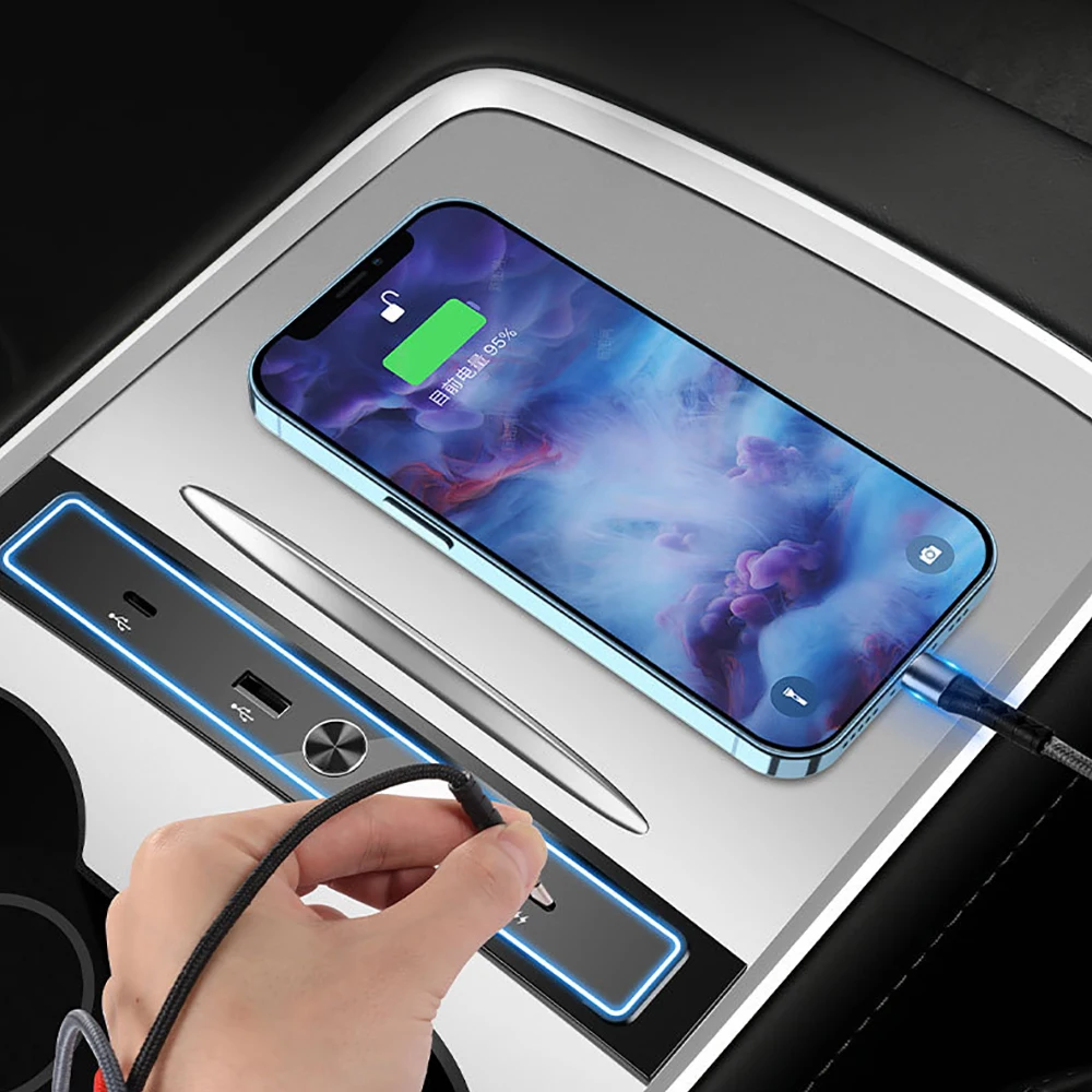 For Tesla Model3/Y Accessories USB Hub 4-Port 27W Fast Charger Smart Docking Station Adapter Power Shunt Splitter Extension ﻿