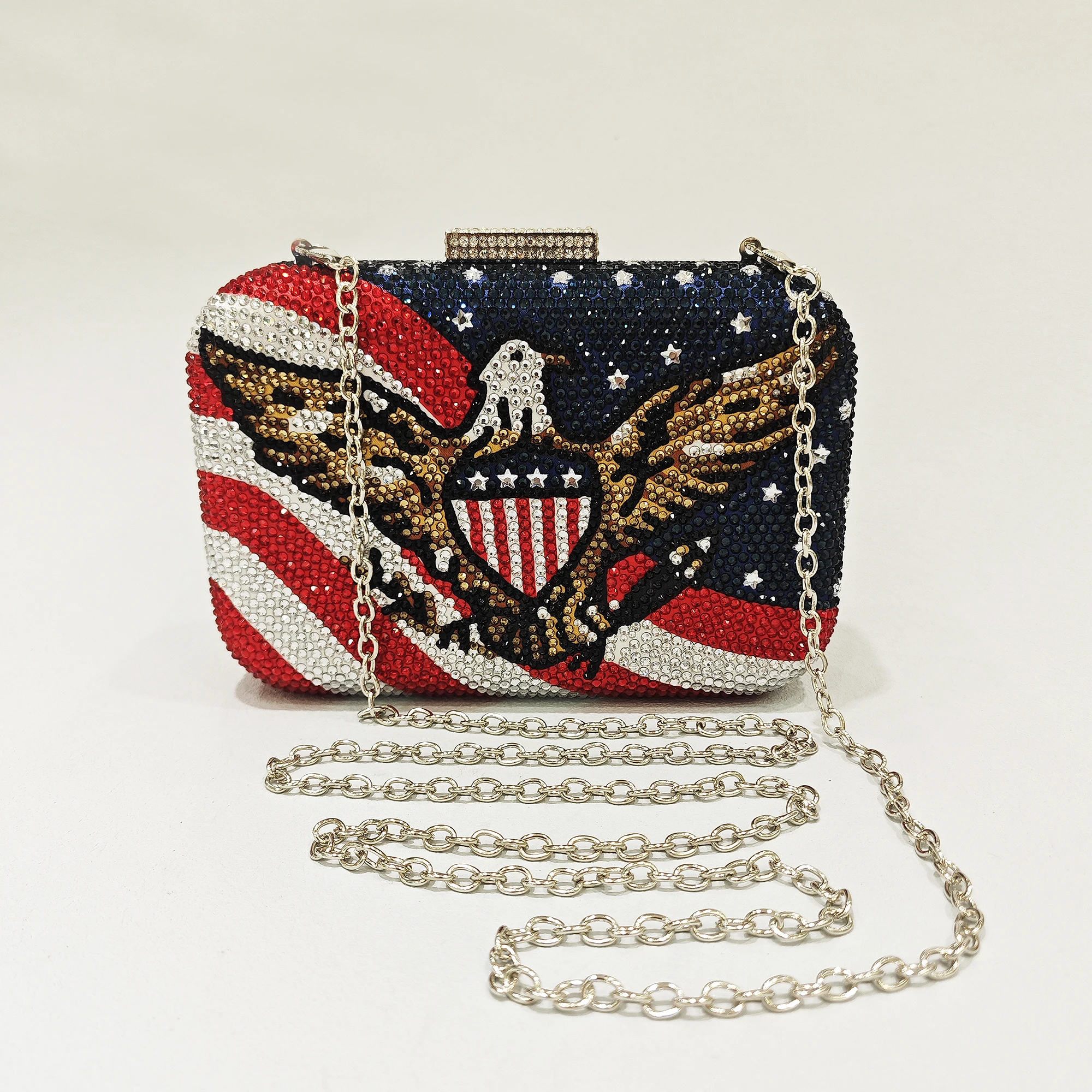 JXL flag Eagle Crystal clutch Purse Women’s Chain Mini Minaudiere Fashion Lady Evening Shoulder bag Handbag Banquet Clutches