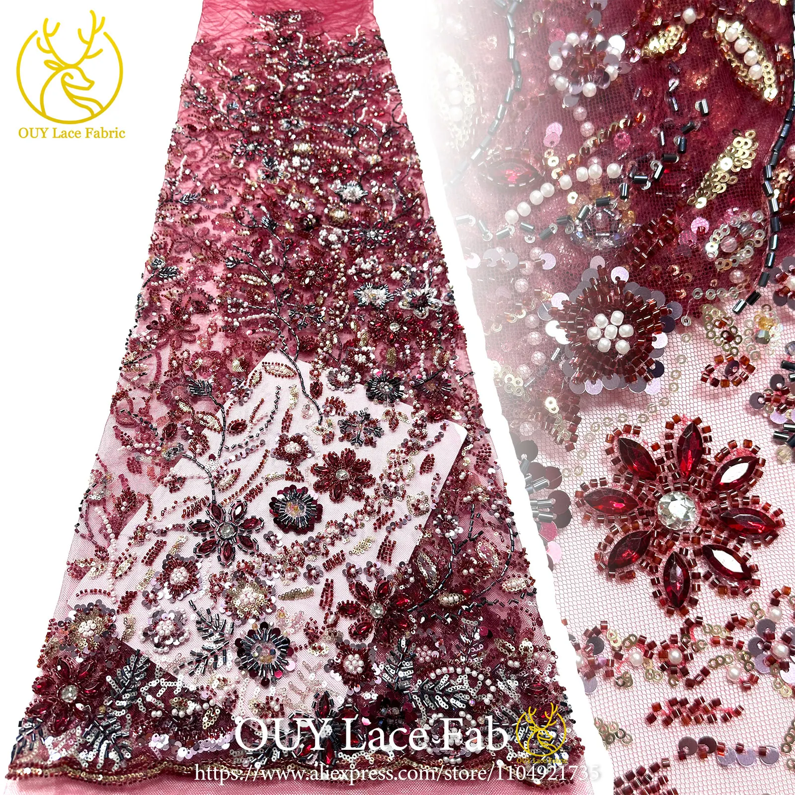 

2026 Luxury African Stone Beaded Lace Fabric Red Nigerian French Tulle Sequins Lace Fabric Suitable for Bridal Party Dresses