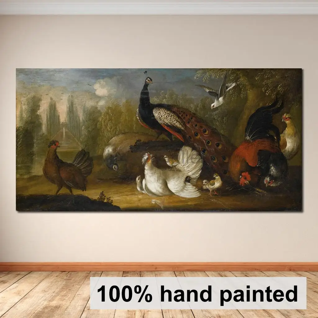 Hand Painted Classical Landscape Oil Painting Peacock Peahen with Cockerel Jakob Bogdany Animal Canvas Art for Dining Room Decor