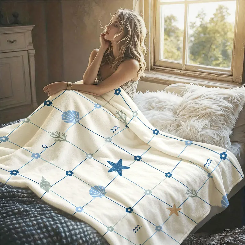 Coastal Shell Net Flannel Blanket Warm Soft Halloween Christmas Decorative Couch Warm Cozy All-Season Gift