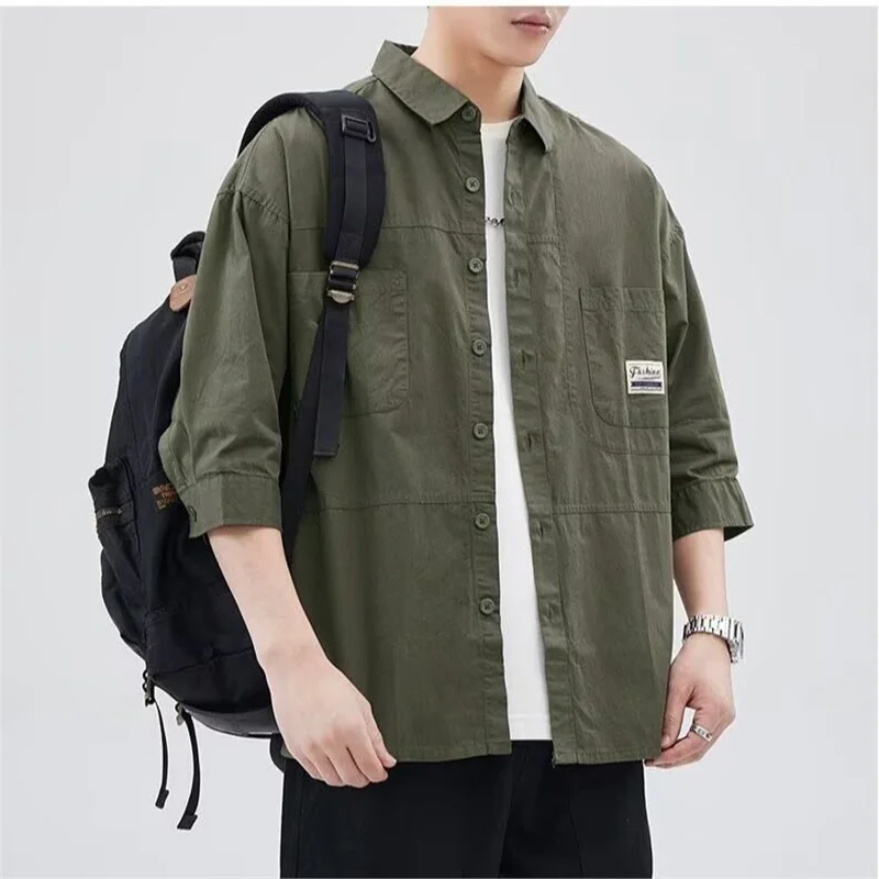 

American Style Loose Men's Work Shirt Half Sleeve Retro Casual Wear Resistant Youth Popular Standard Fit Polyester Fiber Shirt
