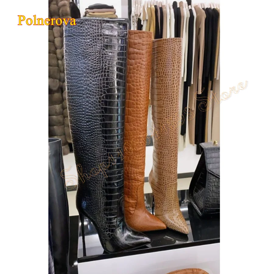 

Pointed Toe Crocodile Effect Leather Knee High Boots,Stiletto Zipper High Heel Women Boots Plus Size2024 New Zapatos Para Mujere