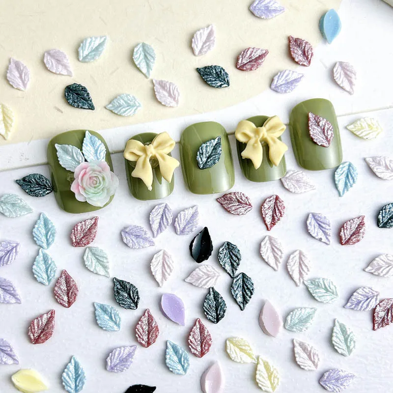 100pcs Green Leaf Nail Charms Multi Colors Resin Simulation Leaf Resin Nail Accessories Nails Art Decorations DIY Crafts