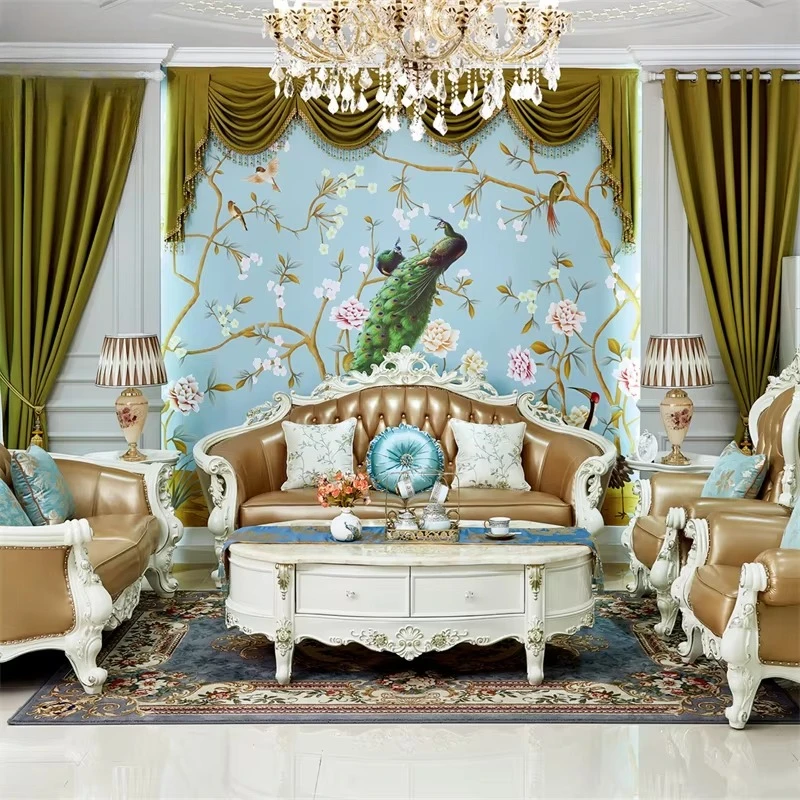 

zn-Champagne Gold Solid Wood Midcentury Sectional Living Room Furniture Sofa Sets Wood Carved Tufted Genuine Leather Couch！