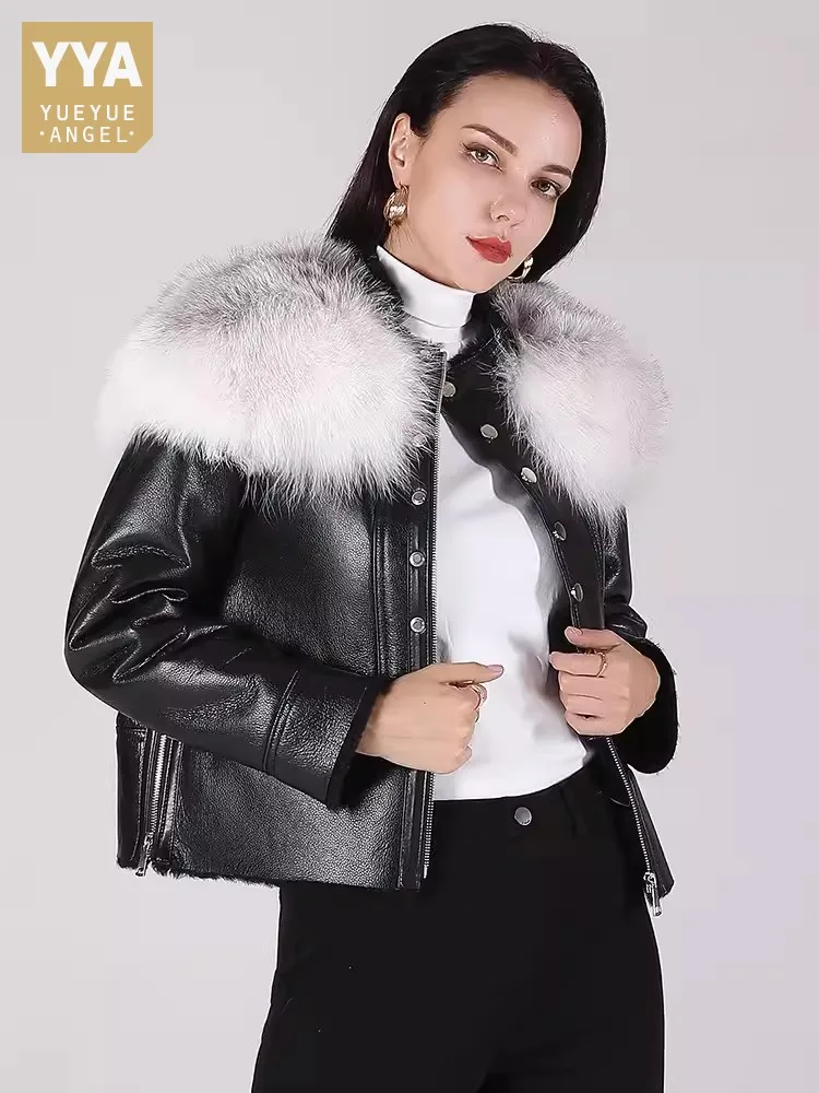 Women Real Fur Coat Luxury Fox Fur Collar Single Breasted Genuine Leather Short Jacket New Winter Warm Sheep Shearling Coats