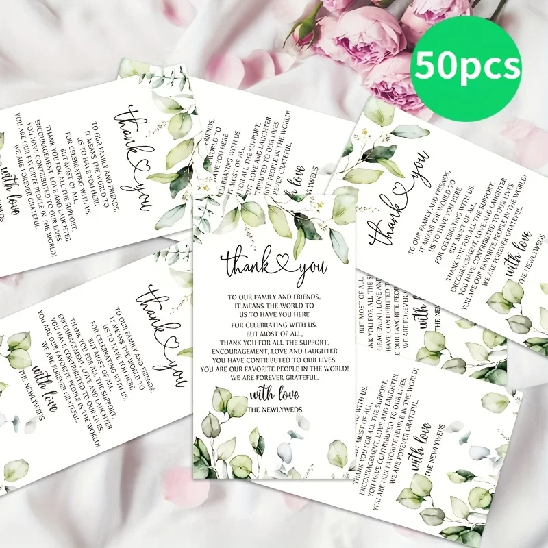 50PCS Fresh Eucalyptus Leaf Thank You Cards, Artistic Watercolor Style Blessing Cards, Used for Weddings and Festivals