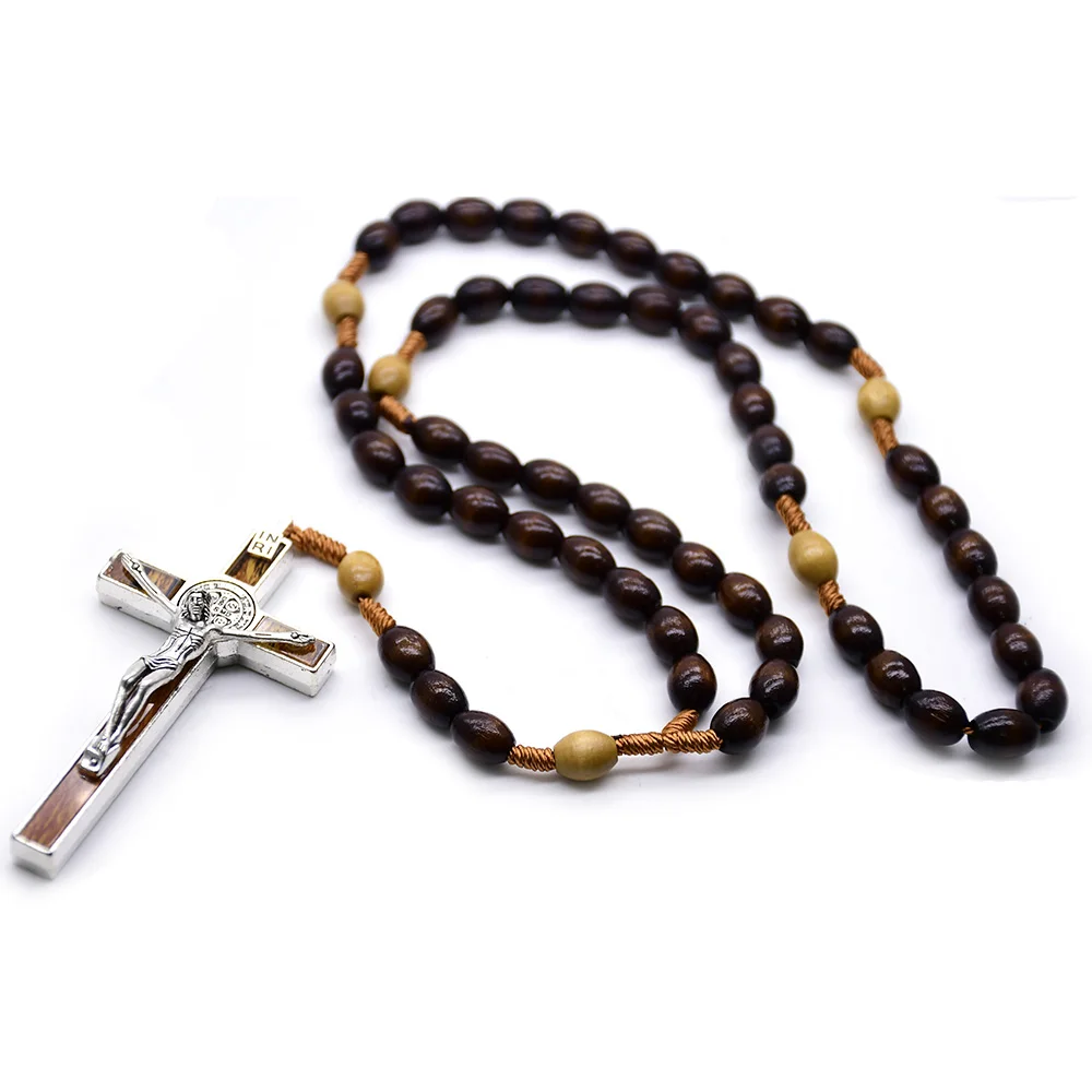 QIGO Dark Coffee Rice Shaped Wood Beads Rope Rosary Cross Necklace New Religious Jewelry