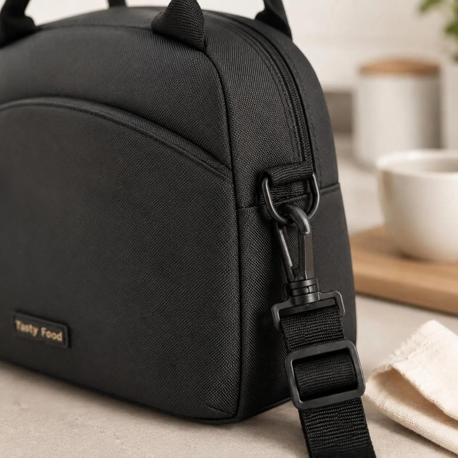 Insulated Lunch Bag Textured Material Shoulder Strap Lunch Bag Zippered Pocket
