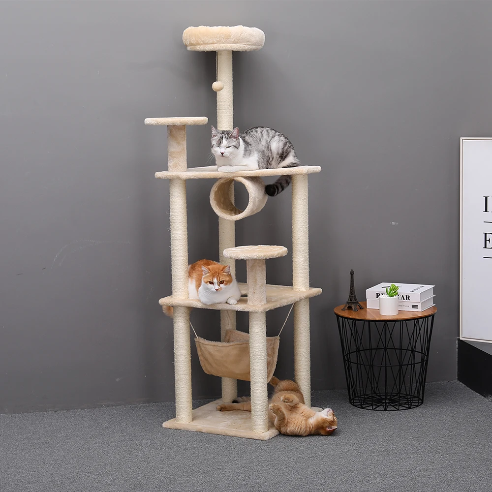 

Hoopet Factory Eco Friendly 4 Tiers Cat Scratcher Post Shelf Climbing Tree With Hammock