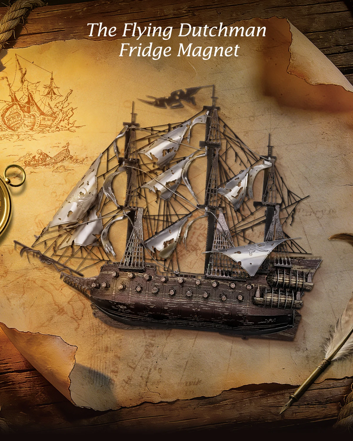 Flying Dutchman Pirate Ship 3D Metal Puzzle Fridge Magnet full model view