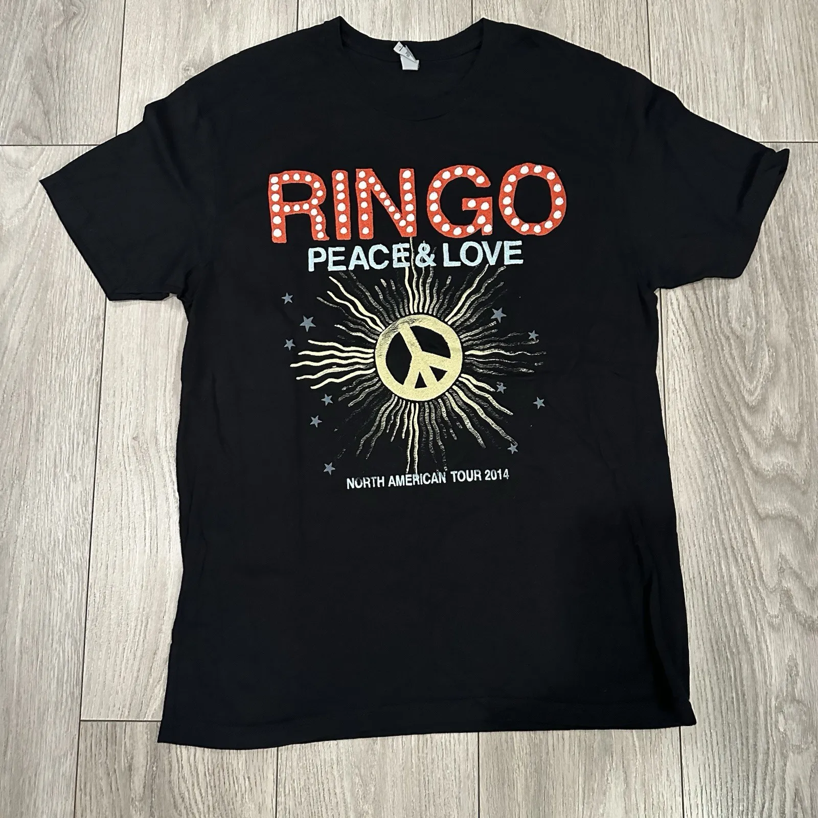 Camiseta masculina Ringo Starr Peace Love 2014 Tour Slim Fit tamanho grande preta