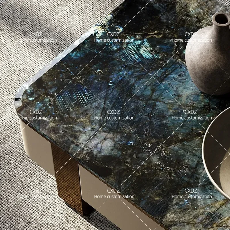 Rectangular Coffee Table with Drawers Natural Blue Jadeite Marble Stone High End Living Room Furniture Light Luxury Style