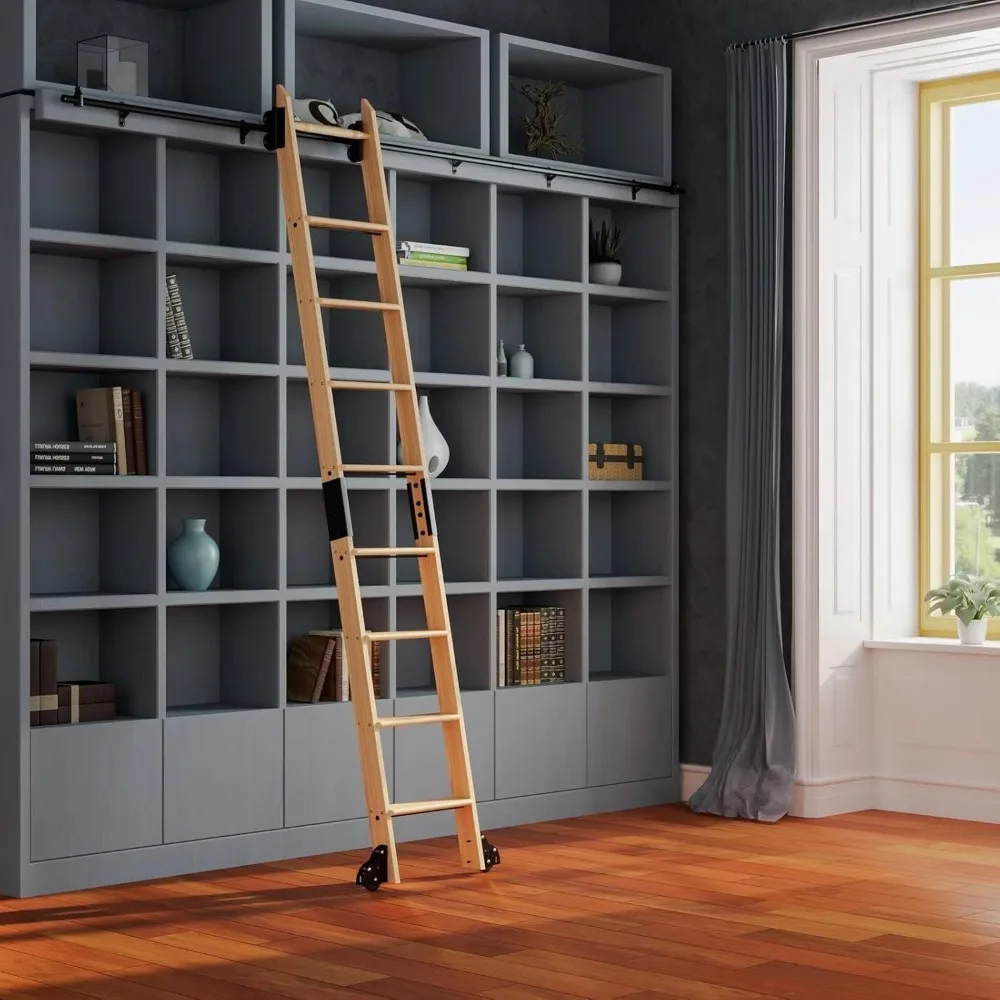 

9 ft Rolling Library Ladder Hardware Kit with Ladder Included,Solid Red Oak Wood,Telescopic Upper Roller, Stable Style&Functiona