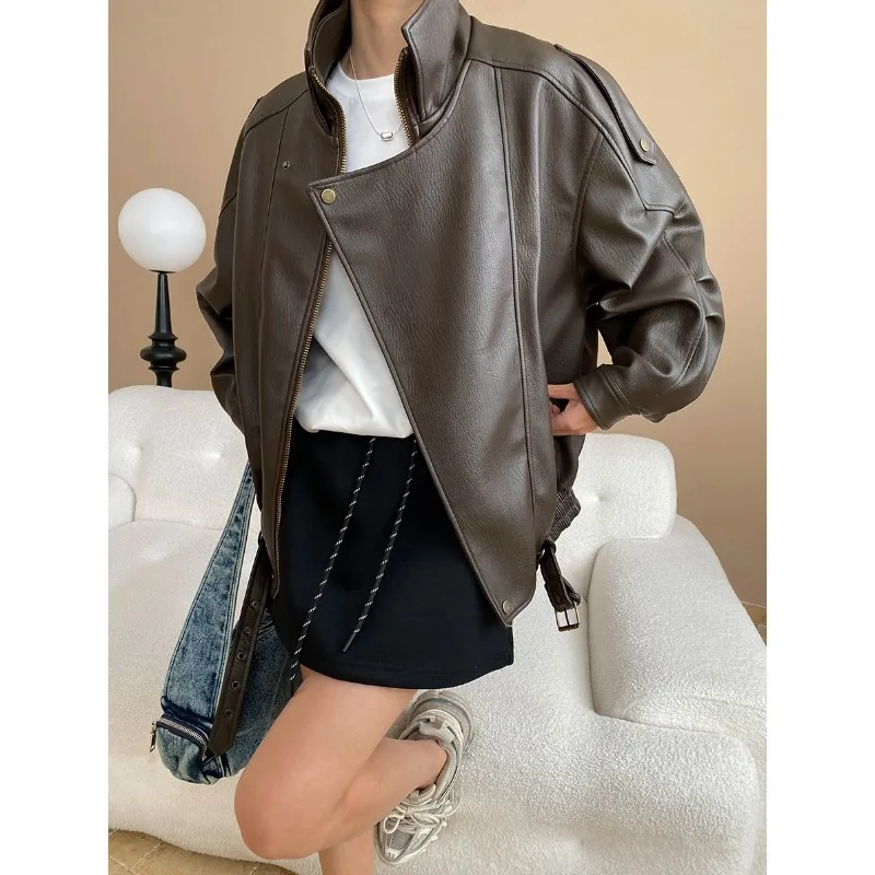 

Autumn New Style Modern Double Collar Design Jacket Women Brown Jacket Oversized Collar Zip Up Jacket Casual Style Coat 3FJZ