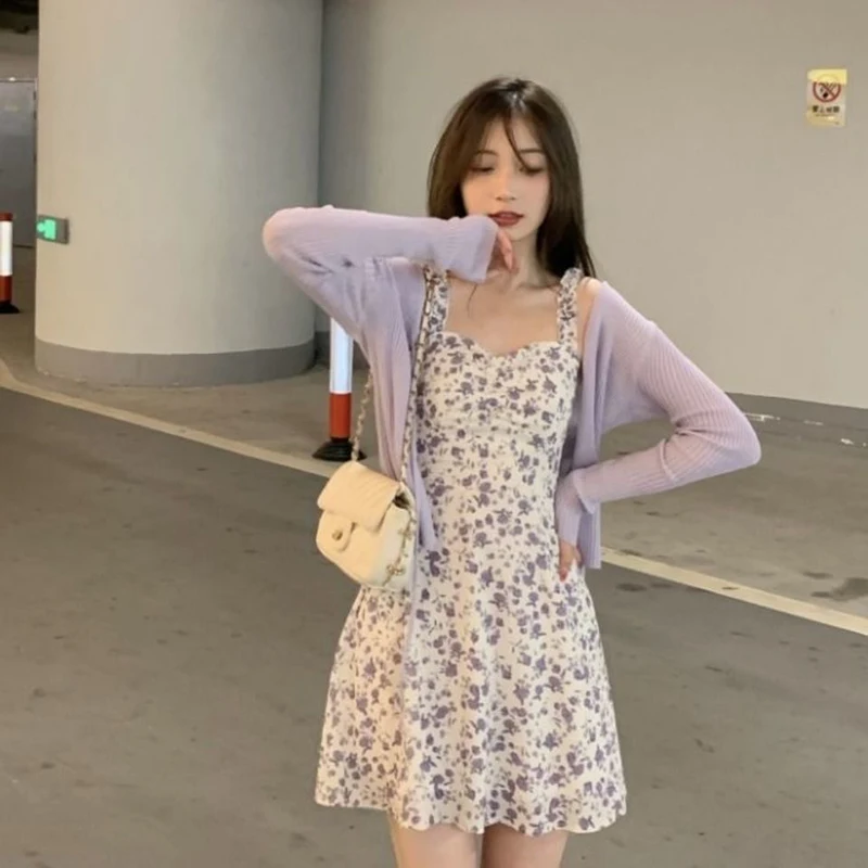 2024 Summer Purple Two-piece Sets Dress for Women Floral Slip Mini Dress+Sunscreen Shawl Cardigan Woman 2022 New Sundress