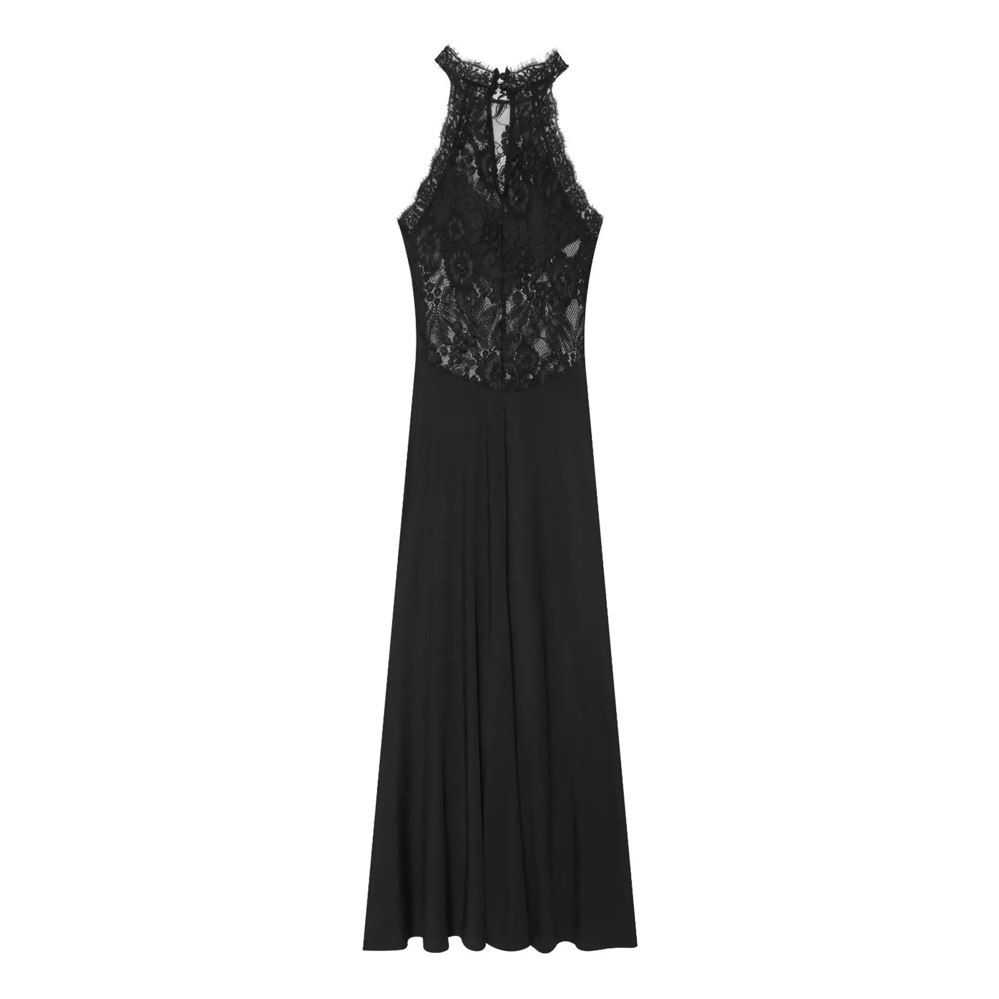 TFMLN Elegantes Damen Sexy Maxikleid, Neckholder Ärmellos, Patchwork-Spitze, Einfarbig, Schmal Geschnitten, Halbtransparentes Partykleid, Sommer Neuheit – Detail 3