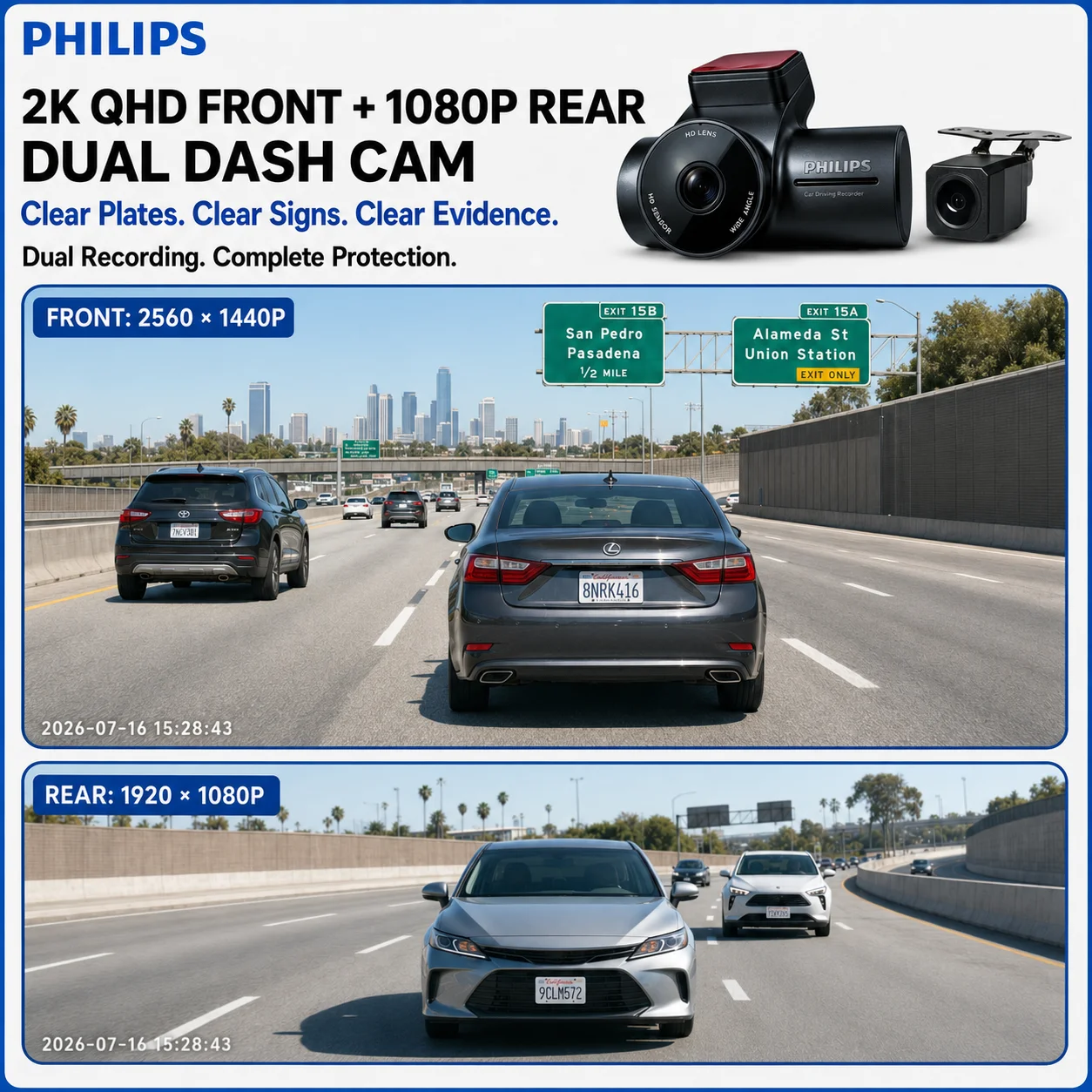 PHILIPS Dash Cam F03 2K QHD+1K Front and Rear Dual Camera 3.16 Inch IPS Screen 2.4GHz & 5GHz WiFi 24H Parking Monitor Car DVR