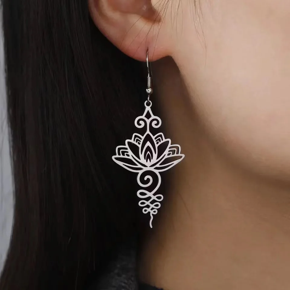 Viintage Unalome Yoga Lotus Flower Amulet Pendant Stainless Steel Design Sense Earrings for Women 2023 Trending Jewelry