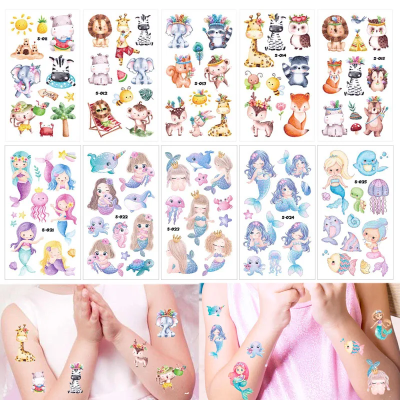 10pcs/set Cartoon Animal Dinosaur Mermaid Temporary Tattoos Stickers Children Jungle Safari Birthday Party Decorations Kids Gift