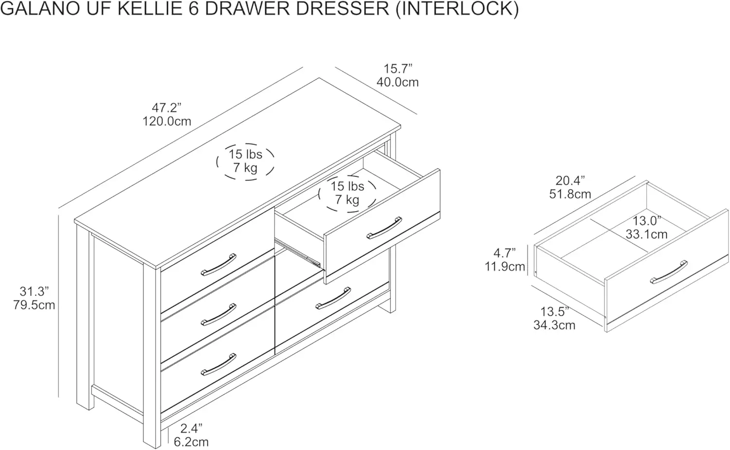 Galano Kellie Wooden 6 Drawer Dresser for Bedroom, Modern Storage Chest Organizer for Kids, 15.8