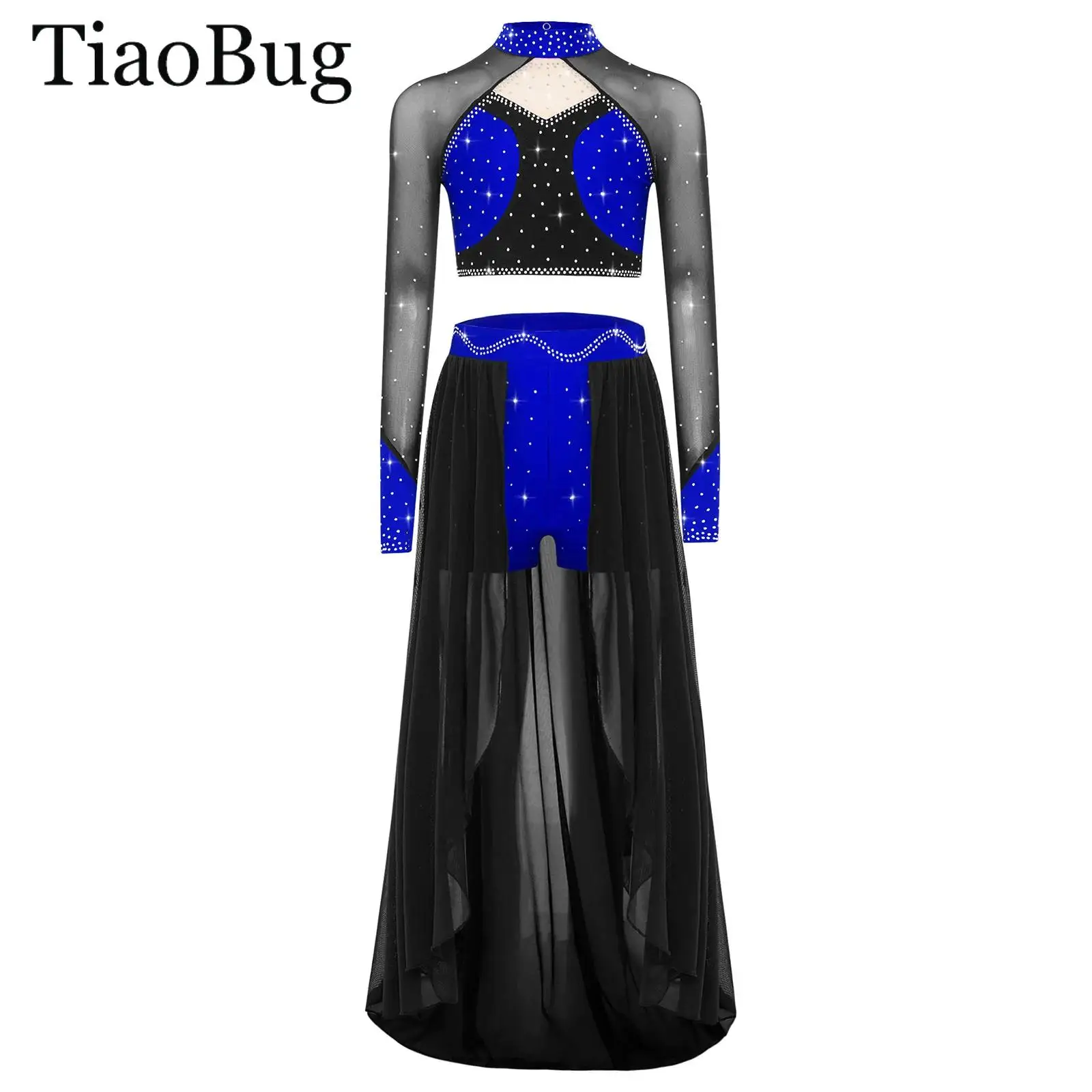 

Girls Modern Lyrical Dance Set Long Sleeve Sheer Mesh Rhinestone Crop Top with Skirt Recitals Skating Gymnastic Ballet Dancewear