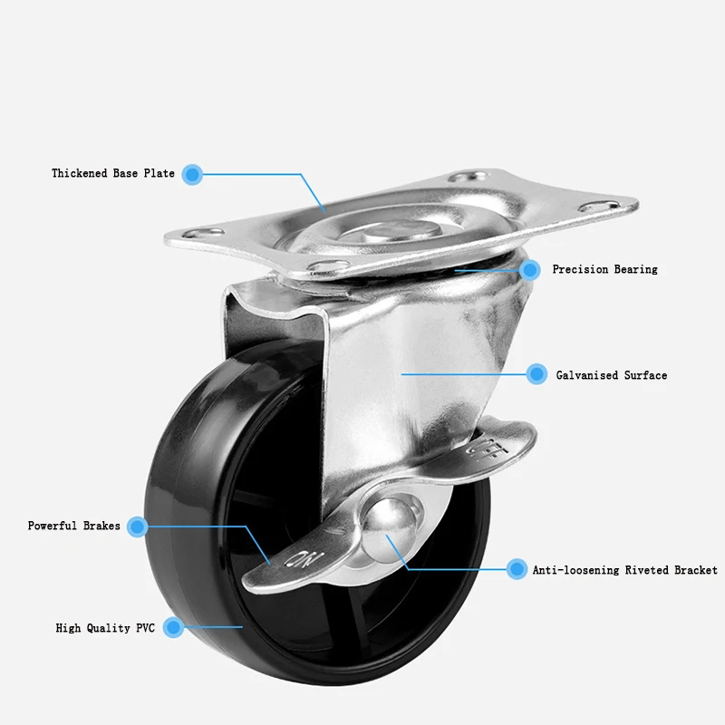 Set Of 4 1-2inch PVC Furniture Casters with Brake Wear Resistant Mute Universal Heavy Trolley Wheels 360 Degrees Swivel Castor