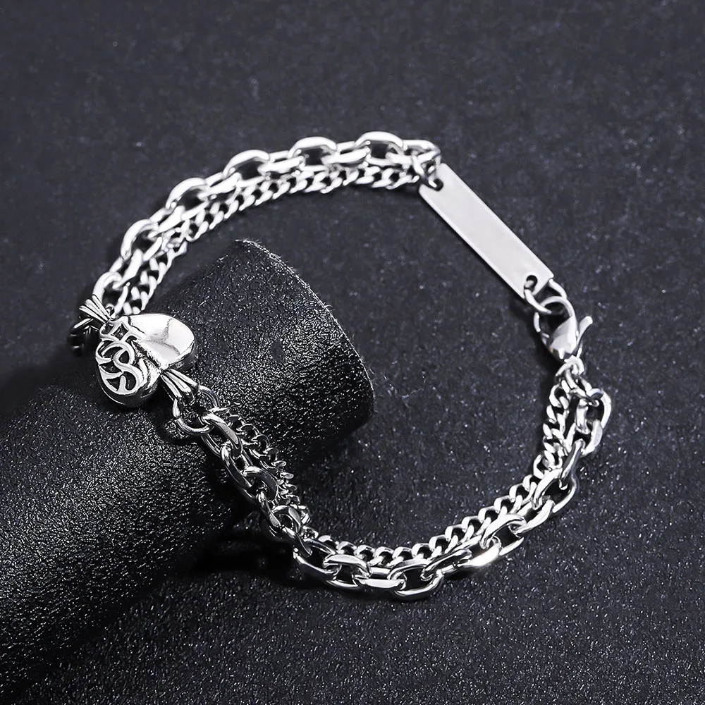 Gothic Stainless Steel Heart Charm Bracelet Double Layer Figaro Chain Bracelet for Women Men Y2K Hip Hop Hand Jewelry Accessory