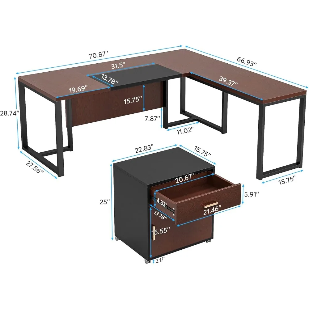 L-Shaped Executive Desk with Drawer Cabinet, Large Executive Office Desk with Separate File Cabinet, Office Desks