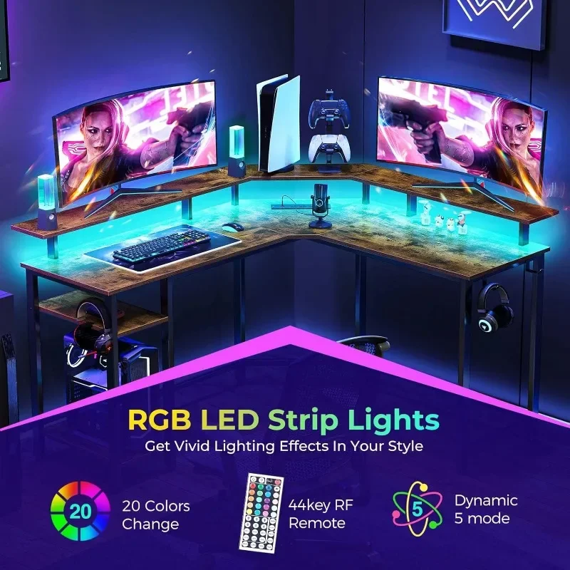 Mesa de jogos em forma de L Rolanstar com luzes LED e tomadas de energia, mesa de computador de 55,1\