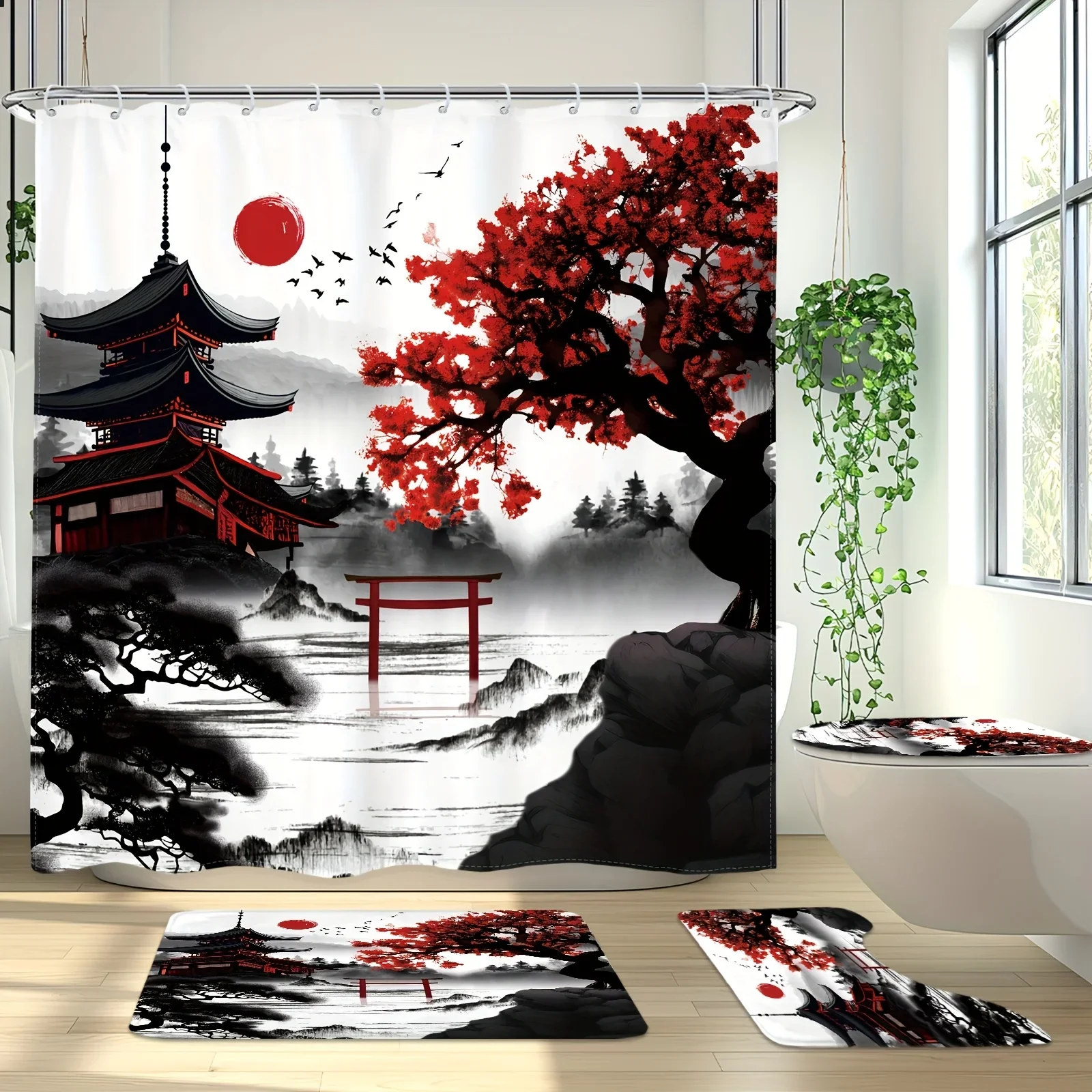 

4 шт.-набор японских занавесок для душа с цветком вишни, акварель, черные, красные цветы, азиатские китайские горные солнце, аниме, современная ванна