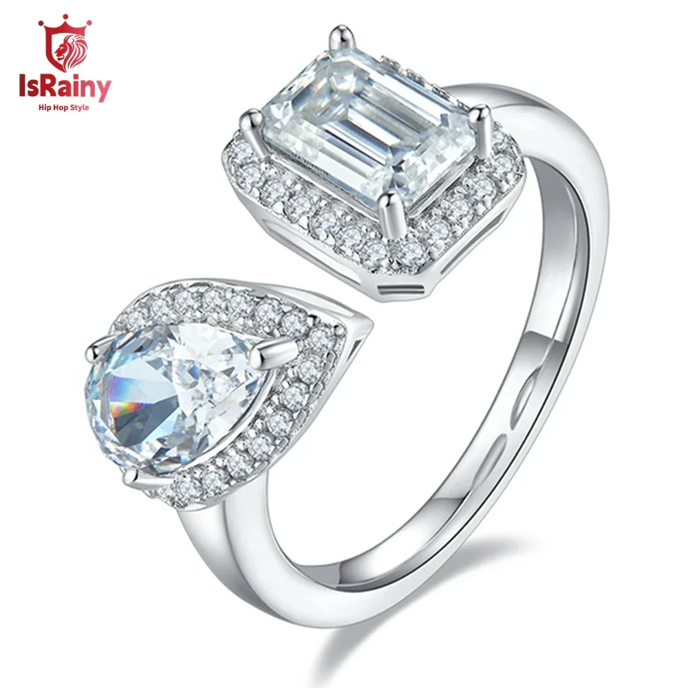 IsRainy 18K White Gold 925 Sterling Silver Pear Emerald Cut 6.5MM Real Moissanite Pass Test Diamonds Open Ring for Women Jewelry