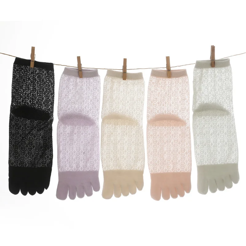 5 Pairs Woman Lady Plain Mesh Toe Socks Thin Cotton Solid Color Five Finger Sock Simple Black Pink Purple White Socks with Toes