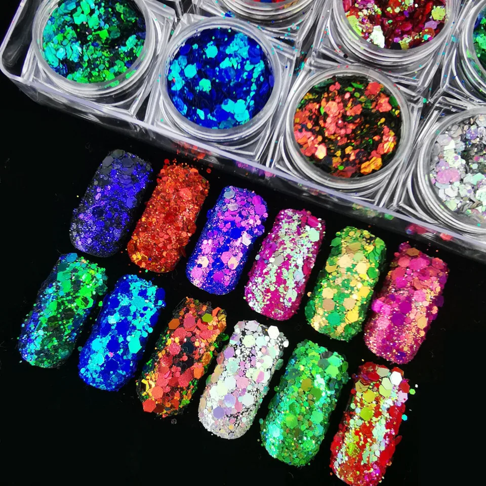 PrettyG 12 Colors Set BSL Color Shift Chunky Mixes Glitter Shape Chameleon Glitter Sequins For DIY Gel Nail Art Decoration