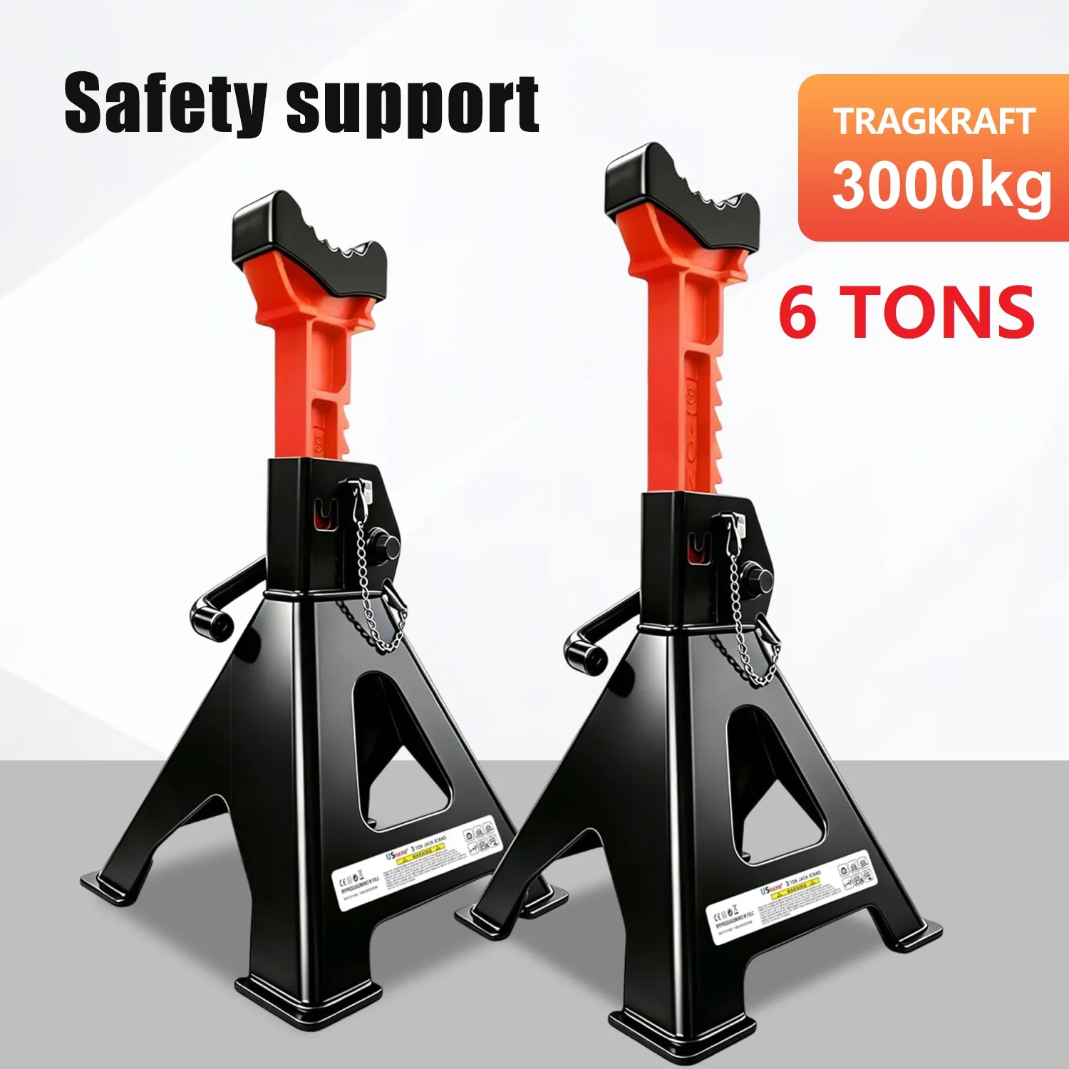 Supports de levage robustes 6T pour l'entretien des véhicules, cliquet à 13 niveaux avec hauteur réglable de 41,5 cm à 60 cm, doubles verrous améliorés et goupille de sécurité, base à 4 pieds élargie, selle en caoutchouc antidérapante, parfaitement adapté aux SUV, berlines, pick-up, camions, fourgons et camions à plateau.