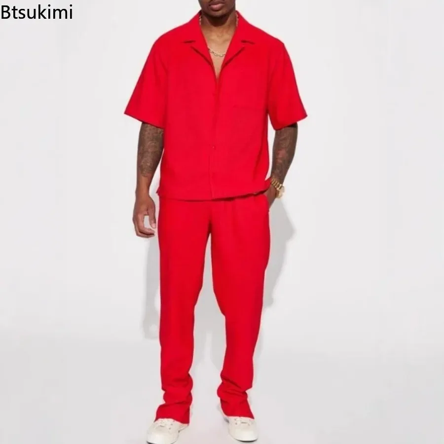 New Men's Solid 2 Piece Sets Casual Streetwear Loose Short Sleeve Lapel Shirt and Pants Outfits Spring Summer Tracksuits Sets