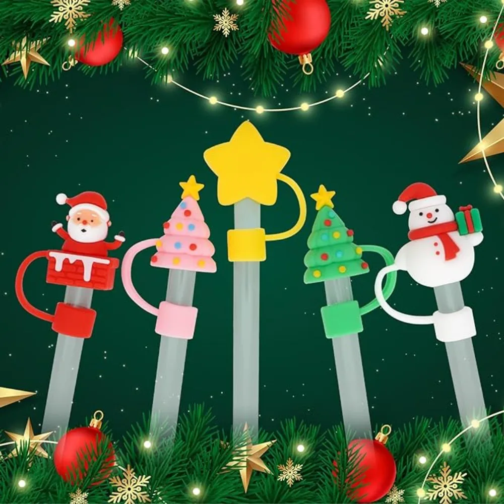 

1/5Pcs Christmas Straw Cover Cap Splash Proof 10mm Silicone Straw Topper Reusable Dustproof Drinking Dust Cap