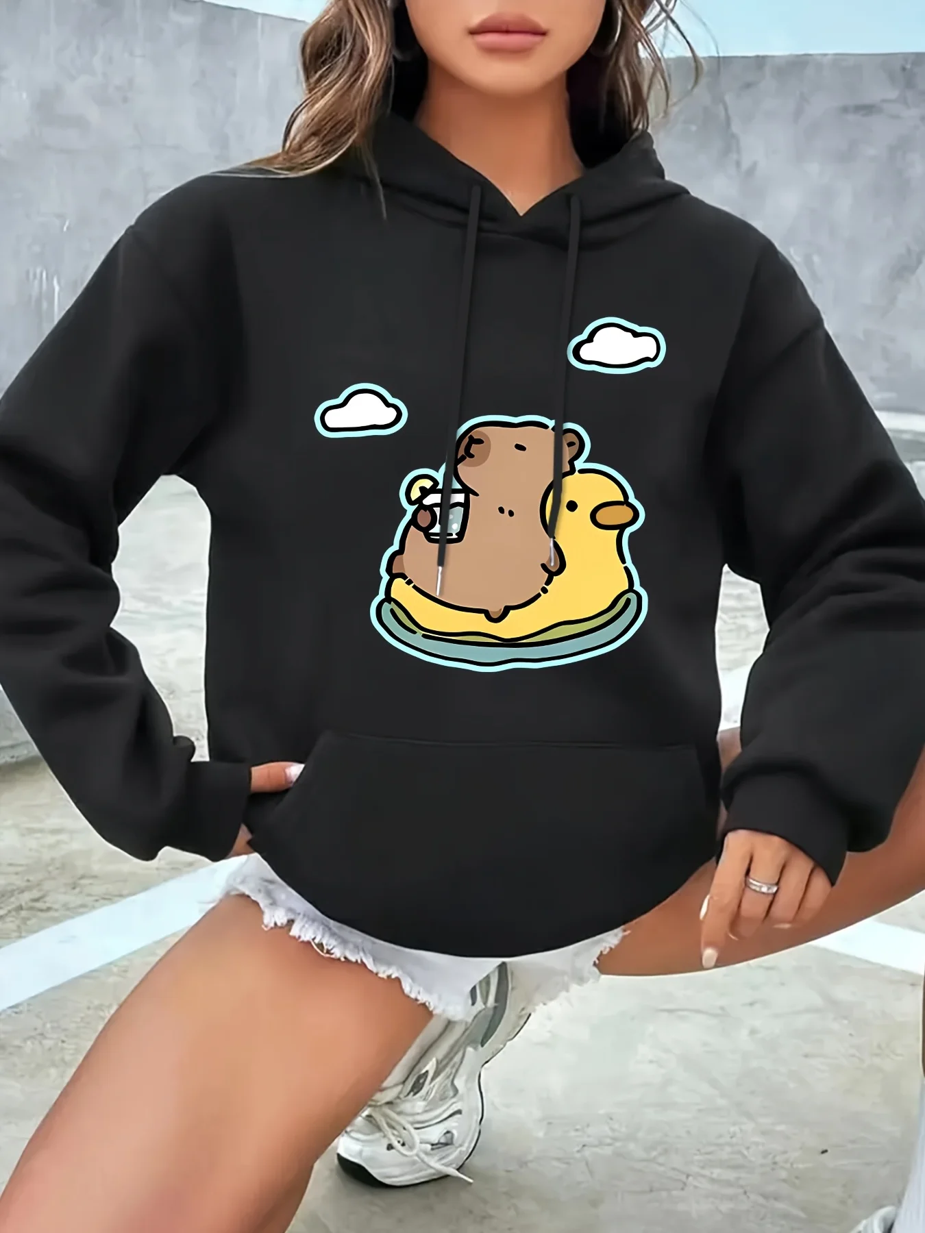 

Милая женская толстовка с принтом капибалы и утки на осень и зиму, повседневная женская одежда с круглым вырезом и длинными рукавами