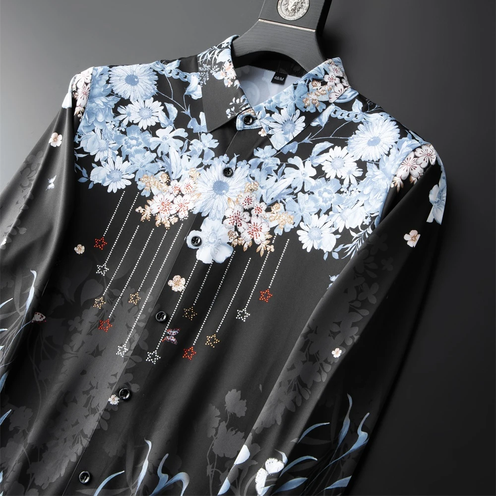 Luxury Flower Rhinestone Printed Shirts Men Long Sleeve Casual Business Dress Shirts Social Party Tuxedo Blouse Camisa Masculina