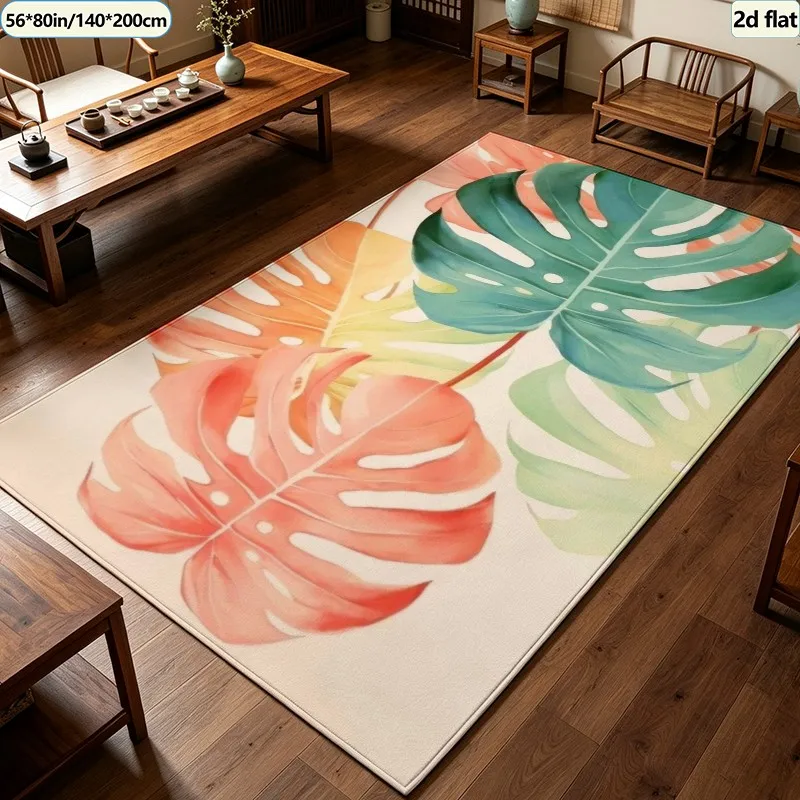 Tropical Watercolor Monstera Leaf Carpet Flooring, Soft Pastel Botanical Print Area Rug Non-Slip Floor Mat for Balcony Living Room Home Decor