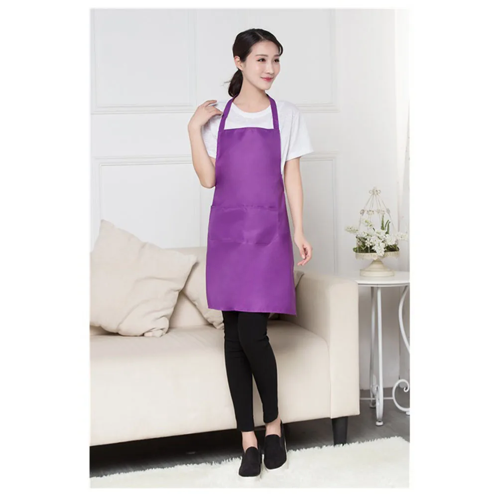 

Waterproof Kitchen Apron With Pocket Pure Color Neck Strap Bib Apron For Home Restaurant Hotel Workshop 60X70Cm Purple