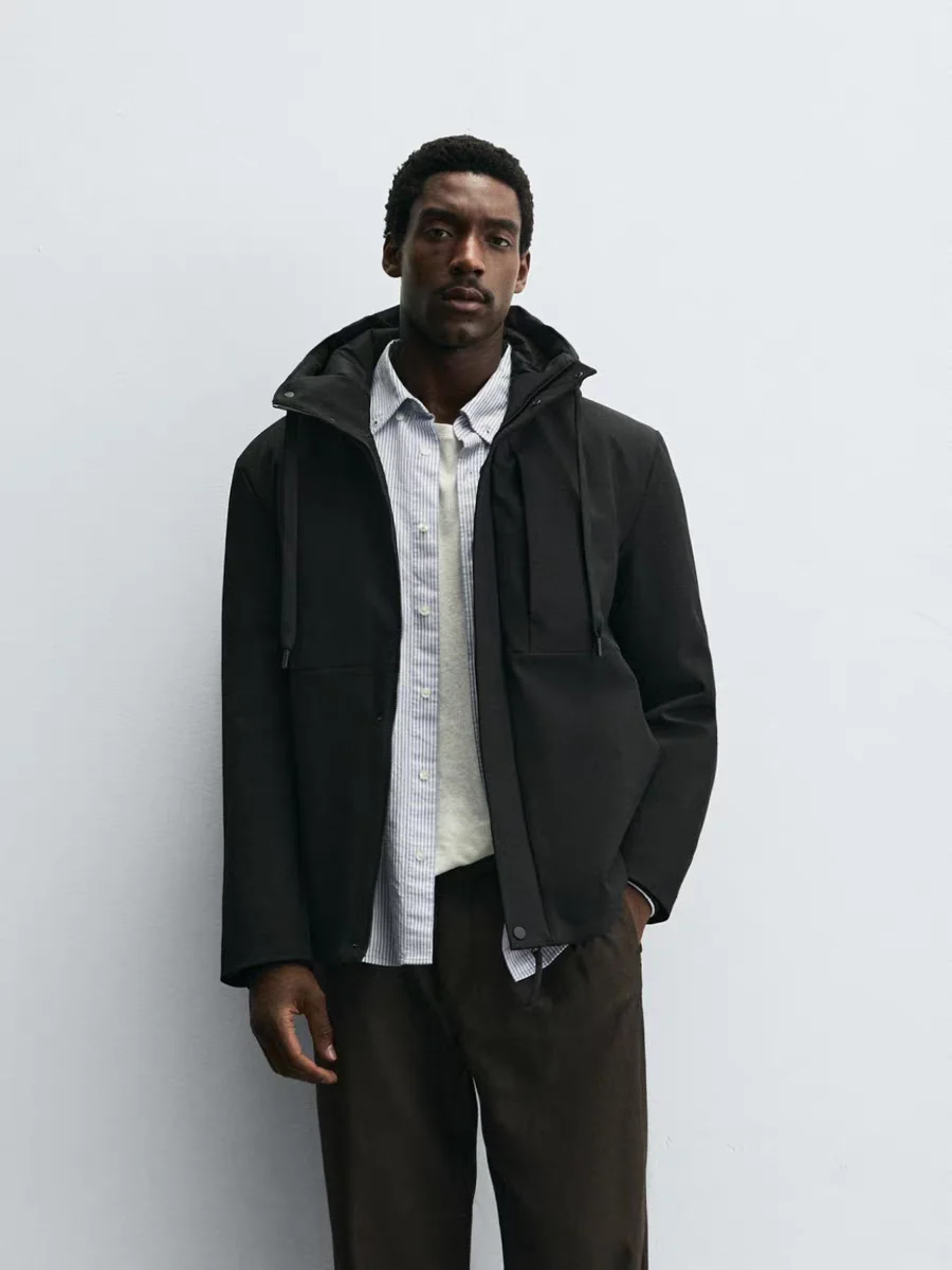 

New Arrival Autumn Men's Jaet Hooded Tech Fabric Dstring Coat Casual Sle Warmth Young Men's Outerwear Zipper Closure