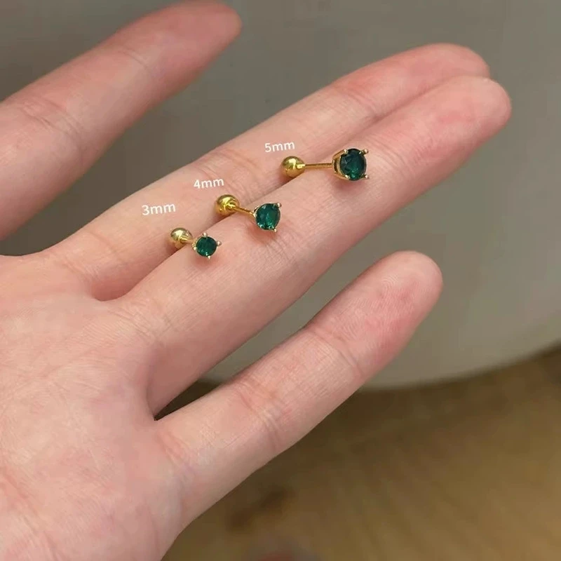3/4/5mm Green Zircon Small Round Stone Screw Back Stud Earrings For Women Vintage Gold Color Wedding Earring Party Jewelry Gifts