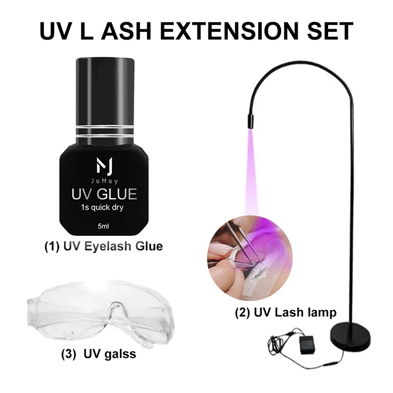 

JOMAY SET UV Lash Glue for Eyelash Extensions Curing 1-2 Sec Drying Time UV Lamp Lash Adhesive for UV Light 15g Remover