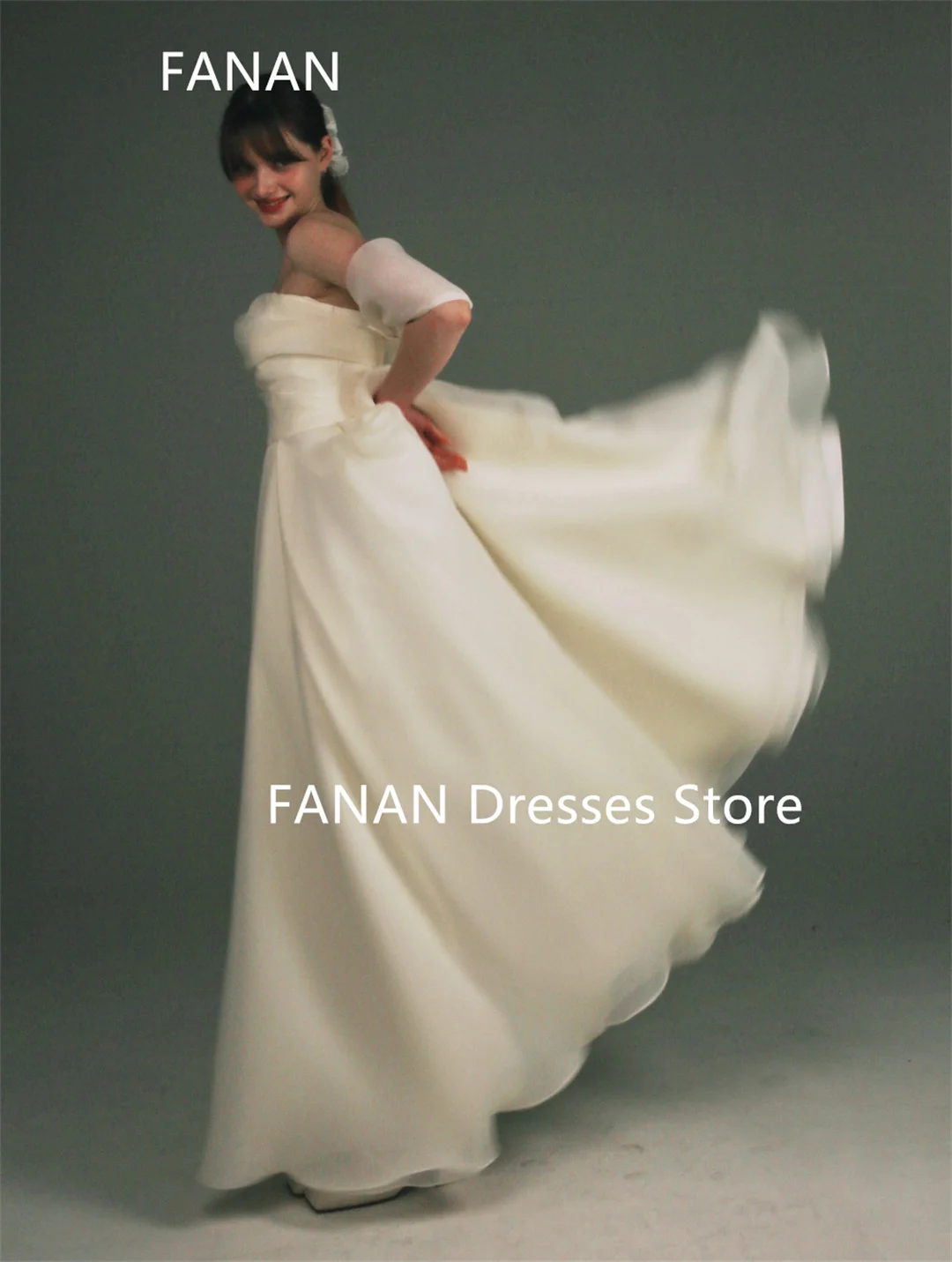 Fanan Korea One-Shoulder Ivory Wedding Dresses  웨딩드레스 Organza Short Sleeves Custom Made Simple Photoshoot Bride Gowns Plus Size