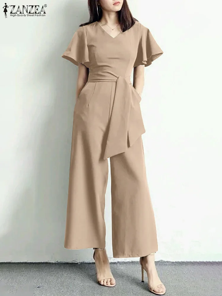2024 ZANZEA Fashion Women Wide Leg Jumpsuits Summer V Neck Short Sleeve Rompers Elegant OL Casual Playsuits Solid Work Overalls