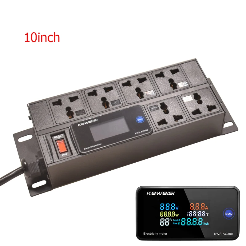 PDU Power Strip Digital Ampermeter Voltmeter Ammeter 6 Ways Universal Socket with Switch 2m Cord For 10inch Cabinet Mount