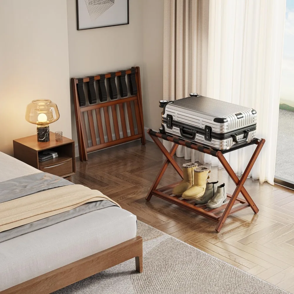 2-Pack Bamboo Luggage Rack with Storage Shelf, Foldable Suitcase Stand for Bedroom and Hotel Use