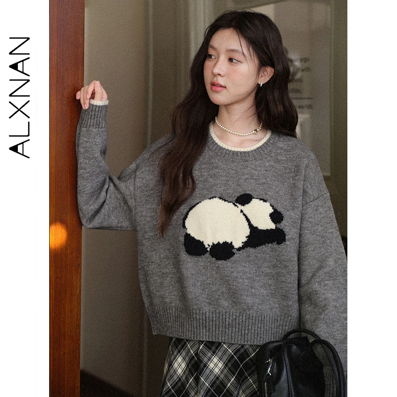 

ALXNAN серый свитер женский осенне-зимний новый вязаный свитер с длинными рукавами и рисунком панды свободный крой пуловеры с круглым вырезом L58116