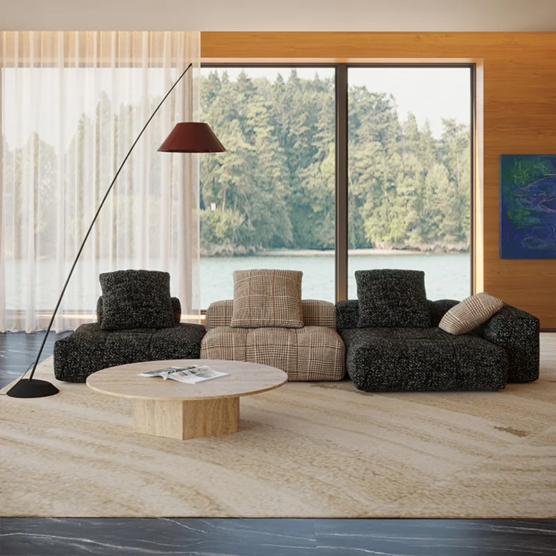 # Minimalist Tofu Block Sectional Sofa Creative Modular Cotton Linen Houndstooth Small Living Room